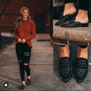 Pointed black studded mules